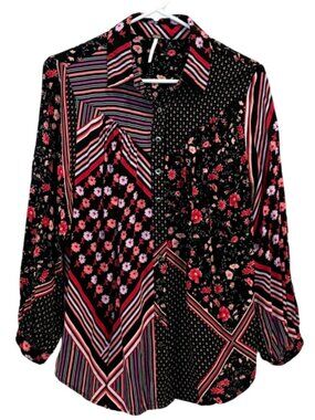Free People Hazel Patchwork Shirt in Black Combo Size Small